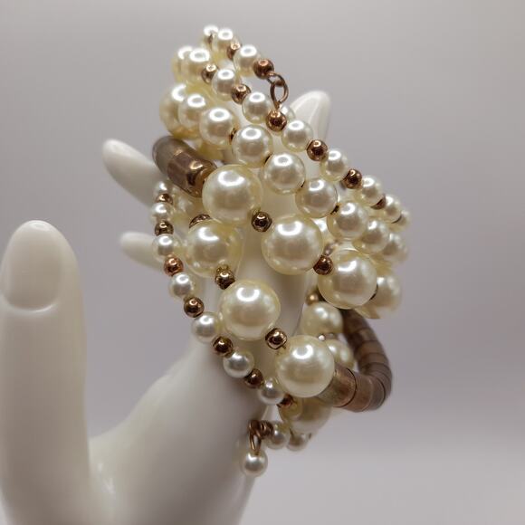 Vintage Memory Wire Faux Pearl Wide Brass Bead Bracelet, 44 Inches - Picture 5 of 10